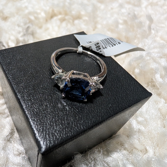 Blue and Silver Ring with Cushion Cut Gemstone and Clear Accent - Picture 2 of 5